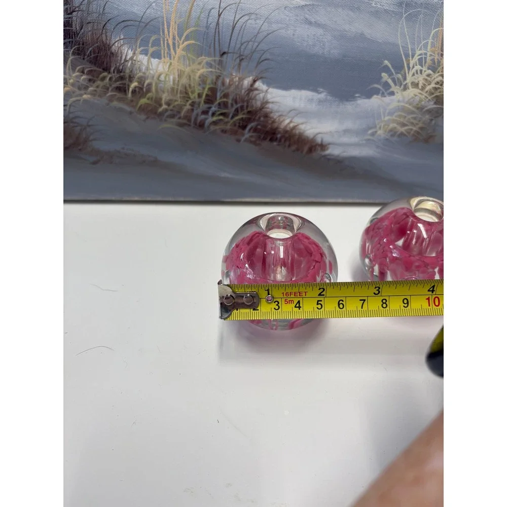 Zimmerman Art Glass Pink Floral Controlled Bubble Candle Holder Set of 2 Indiana